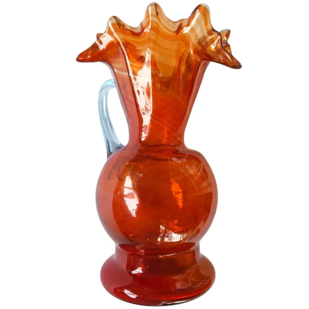 Vintage Fenton Orange Swirl Ruffled Fluted Pitcher Vase 7” x 3” Blue Tint Handle
